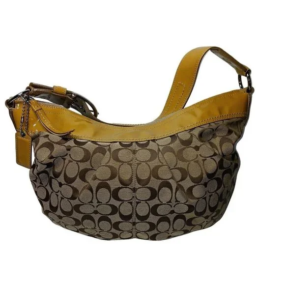 Coach Tan/Brown Signature Canvas Hobo Bag With Mustard Yellow Patent Leather Tri - Picture 1 of 13